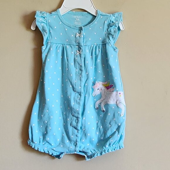 Carter's Aqua With White Polka Dots Unicorn Romper Size 9 Months - Picture 1 of 5